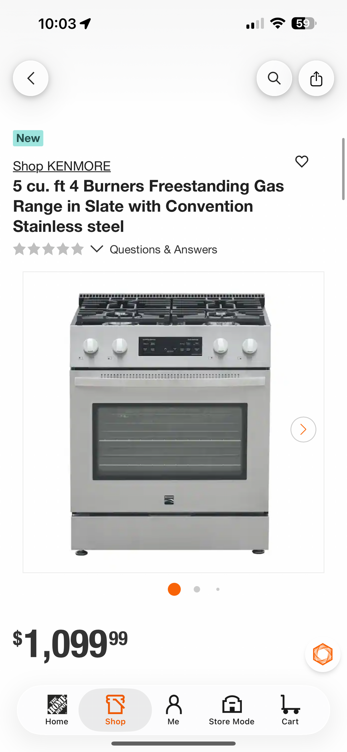 Kenmore 5 cu ft 4 Burner Stainless Steel Gas Range