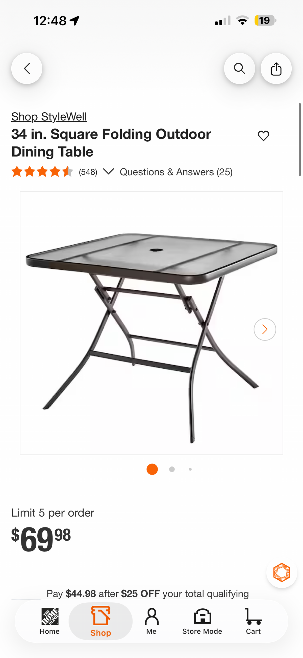 StyleWell 34” Folding Outdoor Dining Table