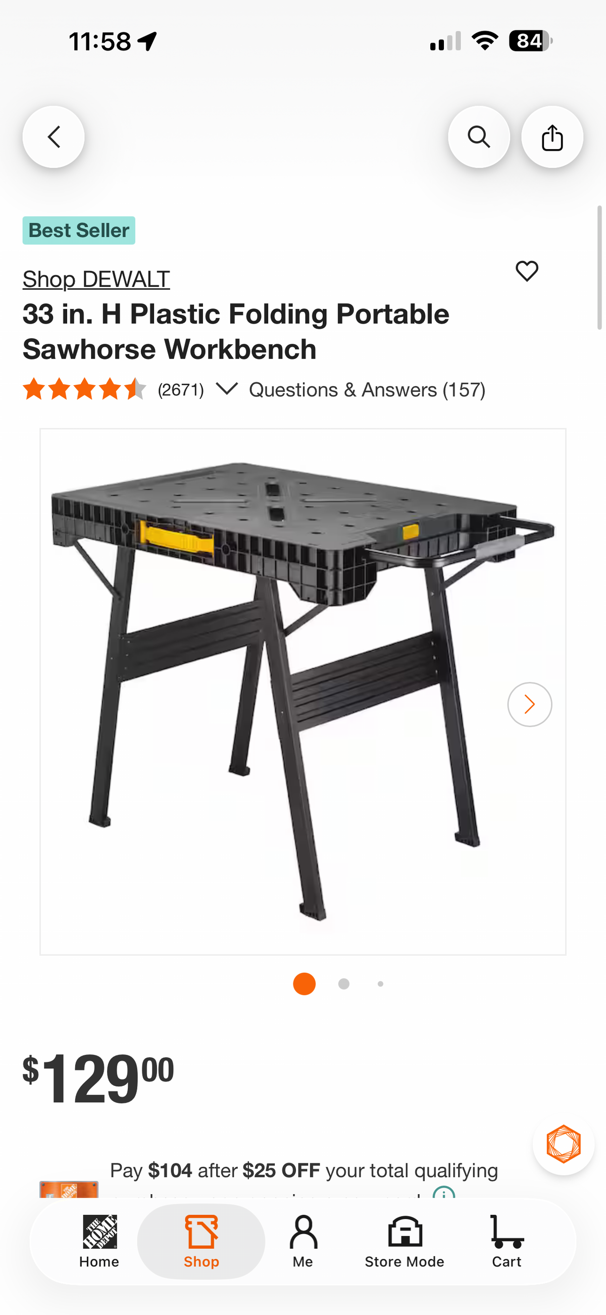 Dewalt 33” H Plastic Folding Sawhorse Workbench