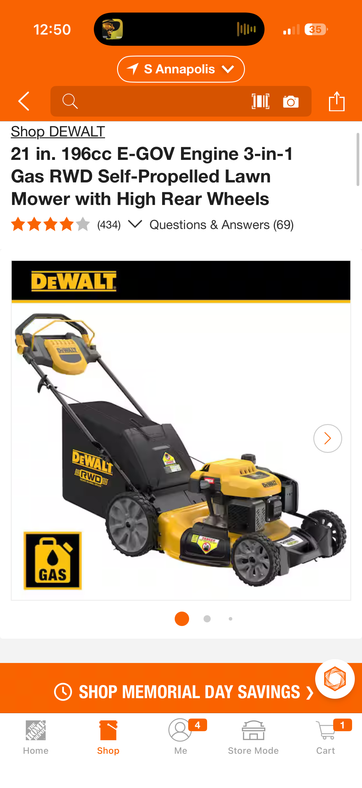 Dewalt 21” 196cc E-Gov RWD Self Propelled Gas Lawn Mower
