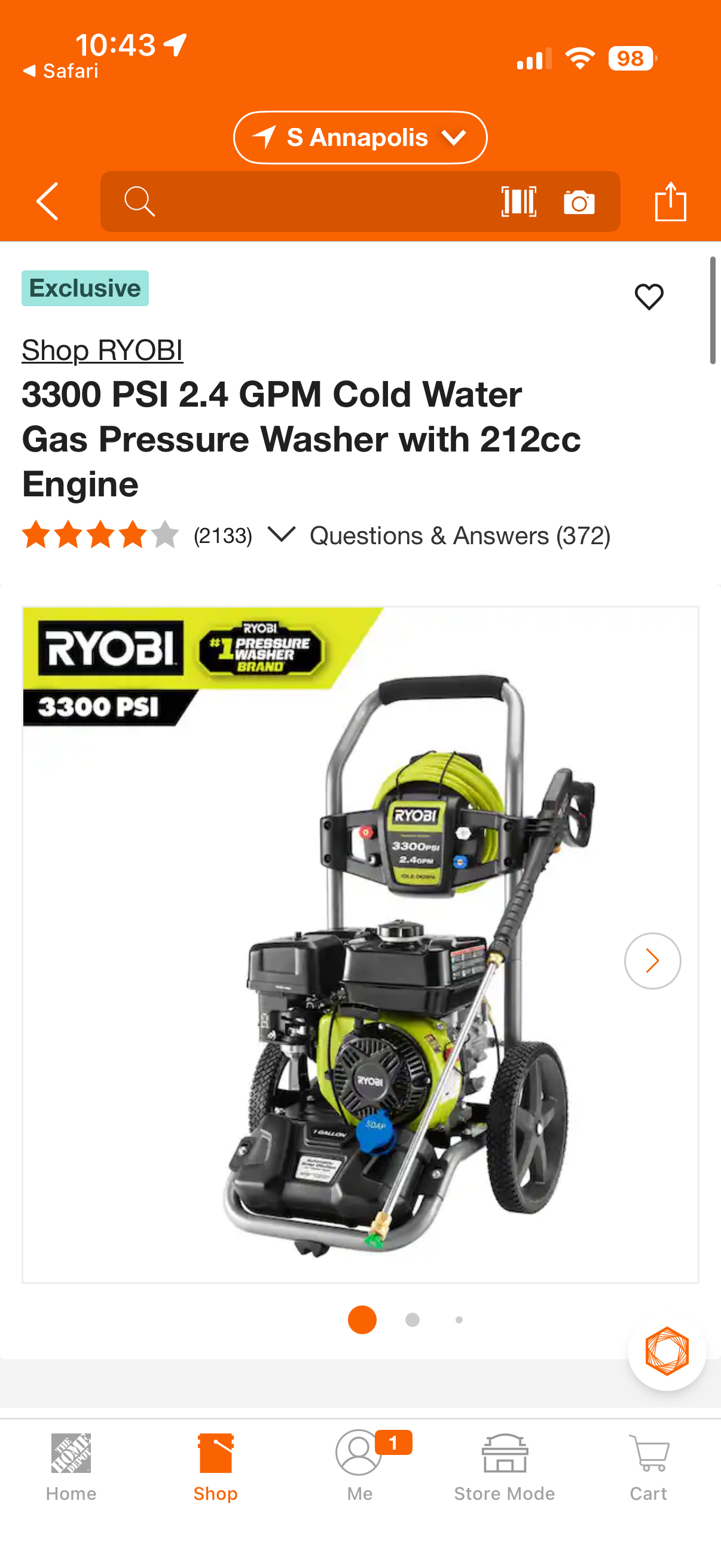 Ryobi 3300 PSI 2.4 GPM 212cc Gas Pressure Washer