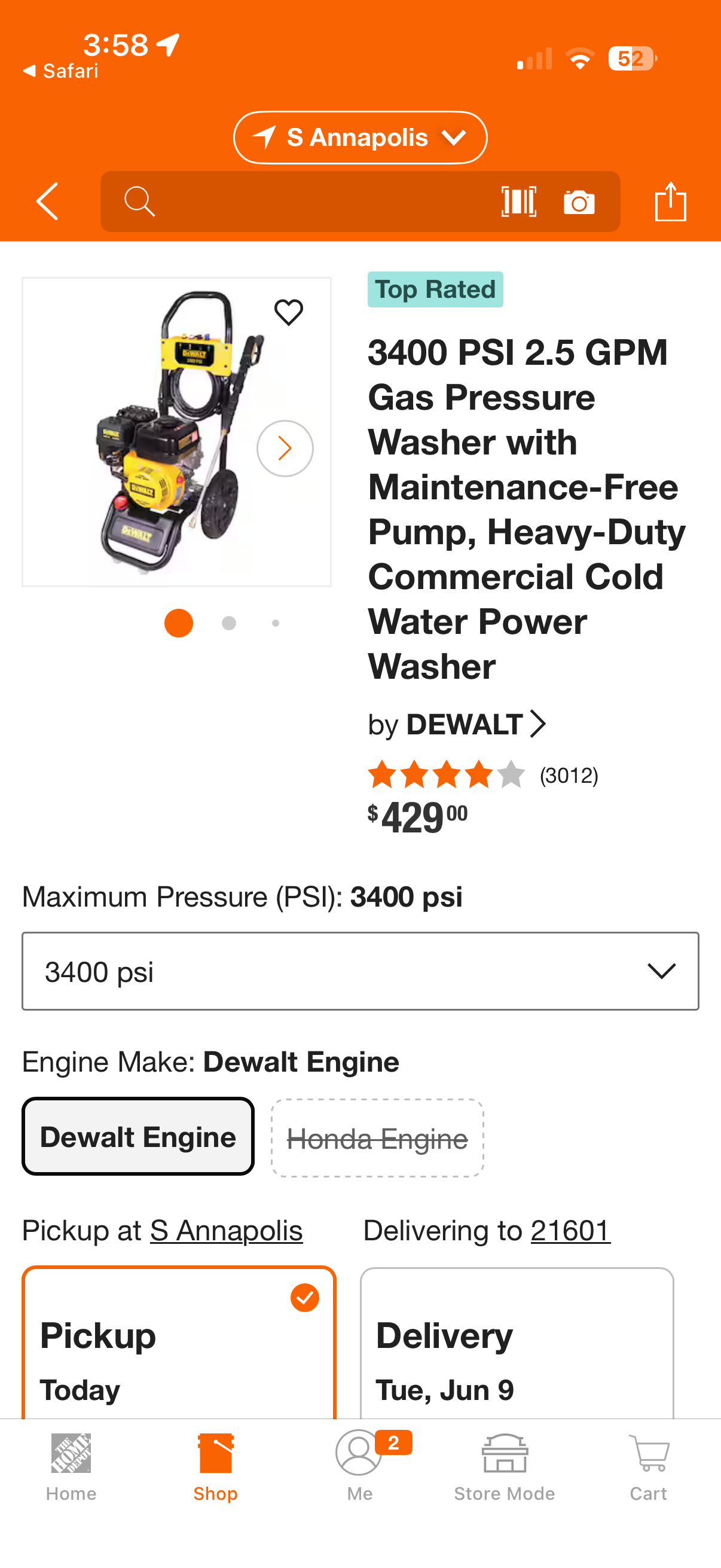Dewalt 3400 PSI 2.5 GPM 208cc Gas Pressure Washer