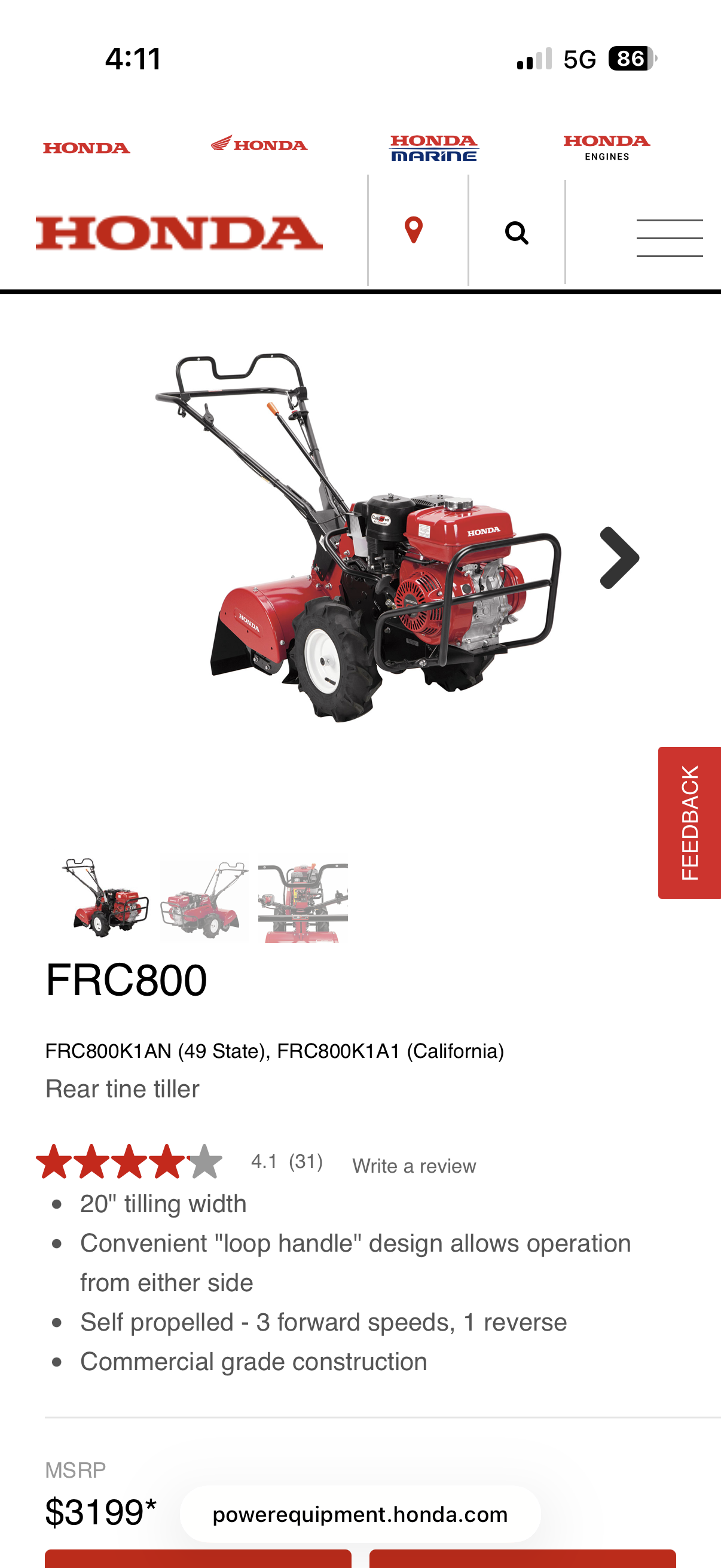 Honda FRC800 GX240 20” Self Propelled Gas Rear Tine Tiller