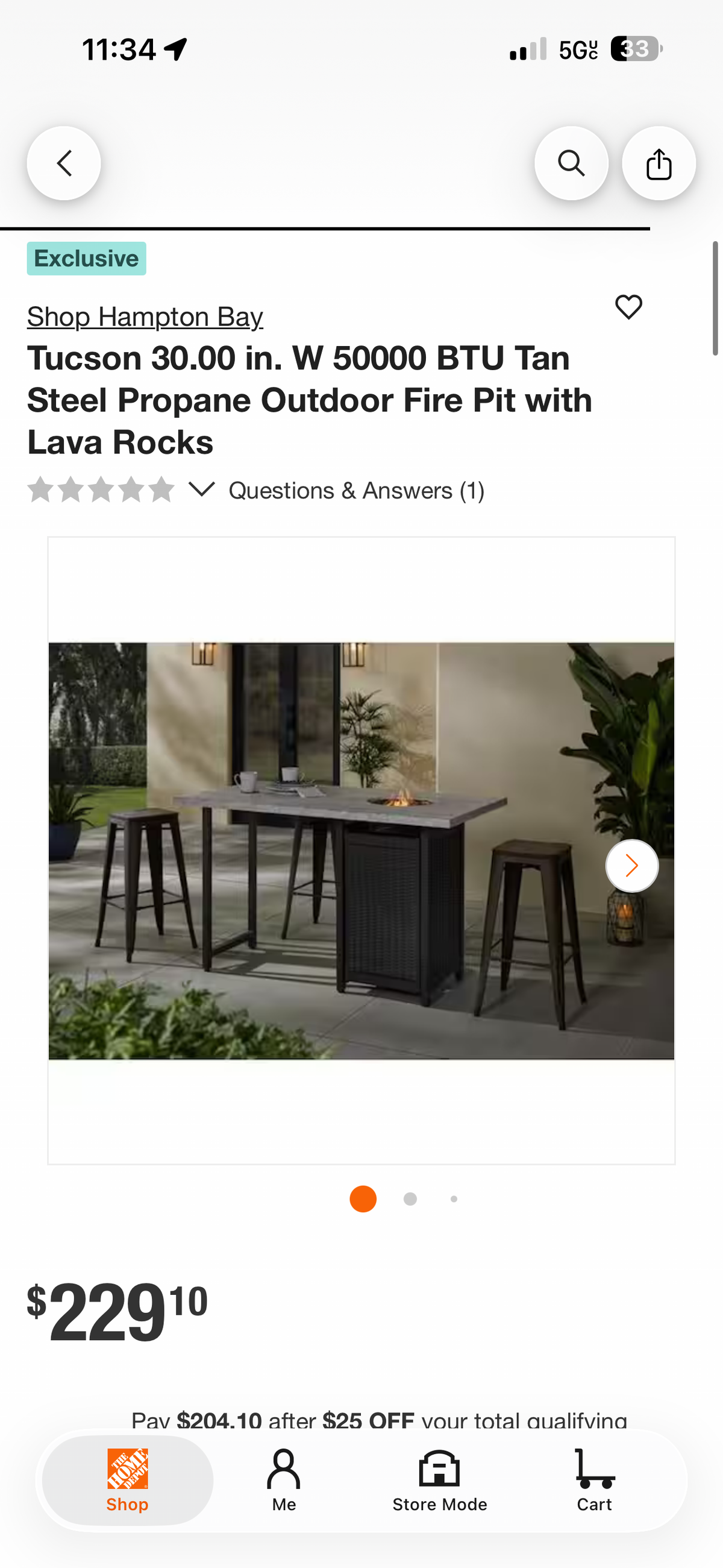 Hampton Bay Tucson 50,000 BTU Steel Propane Outdoor Fire Pit Table