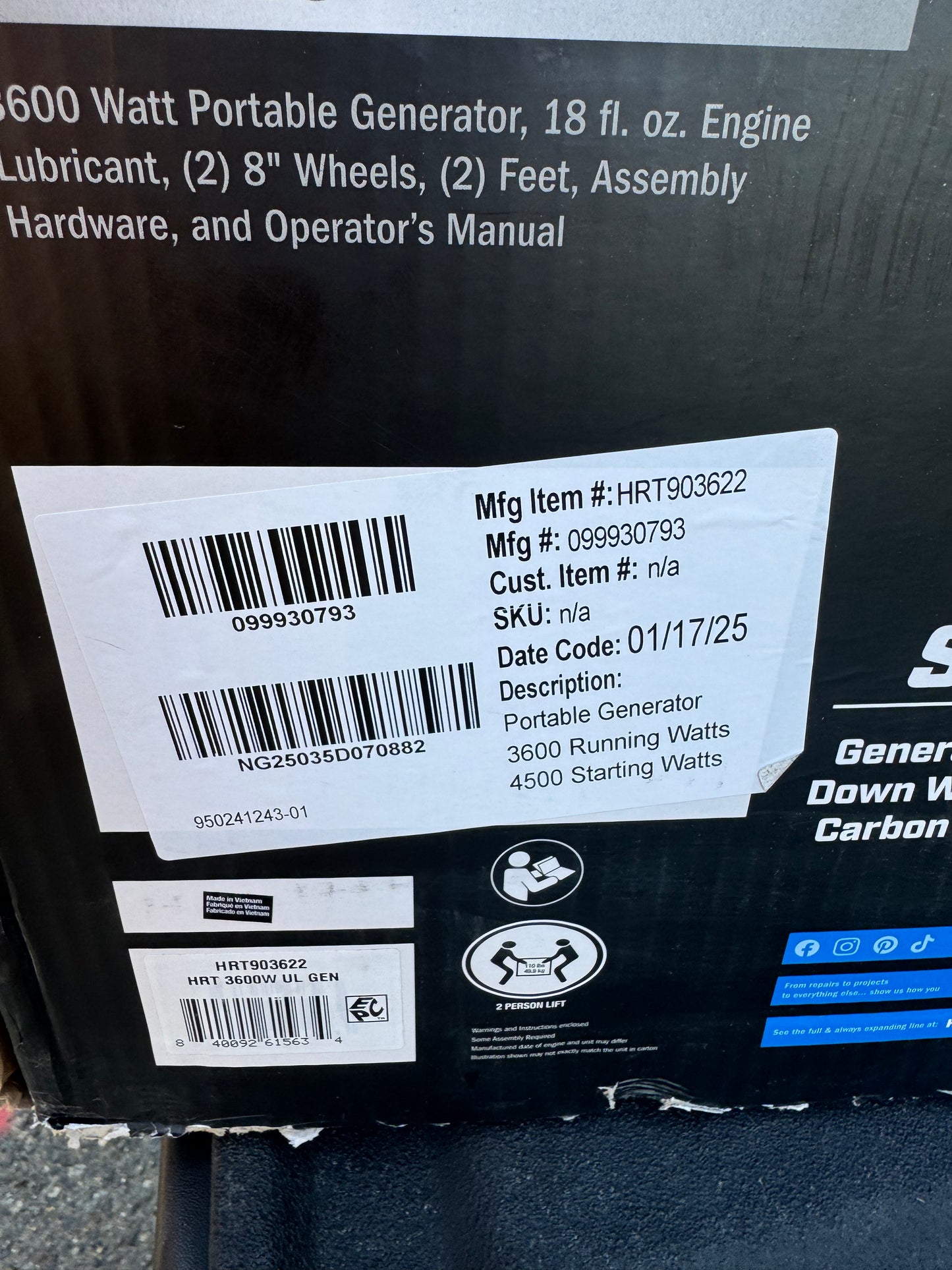 Hart 3600W 212cc Portable Gas Generator