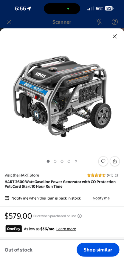Hart 3600W 212cc Portable Gas Generator