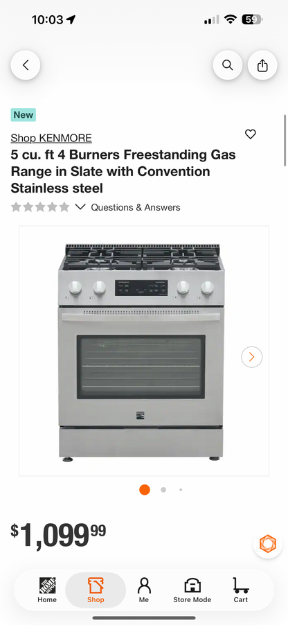 Kenmore 5 cu ft 4 Burner Stainless Steel Gas Range