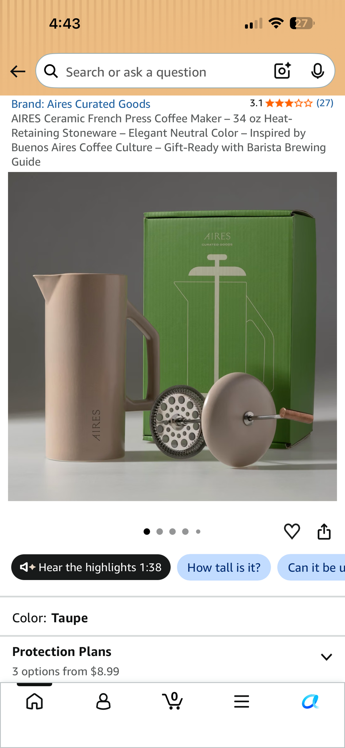Aires 34oz Ceramic French Press Coffee Maker
