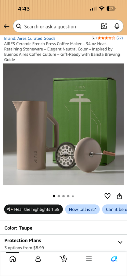 Aires 34oz Ceramic French Press Coffee Maker