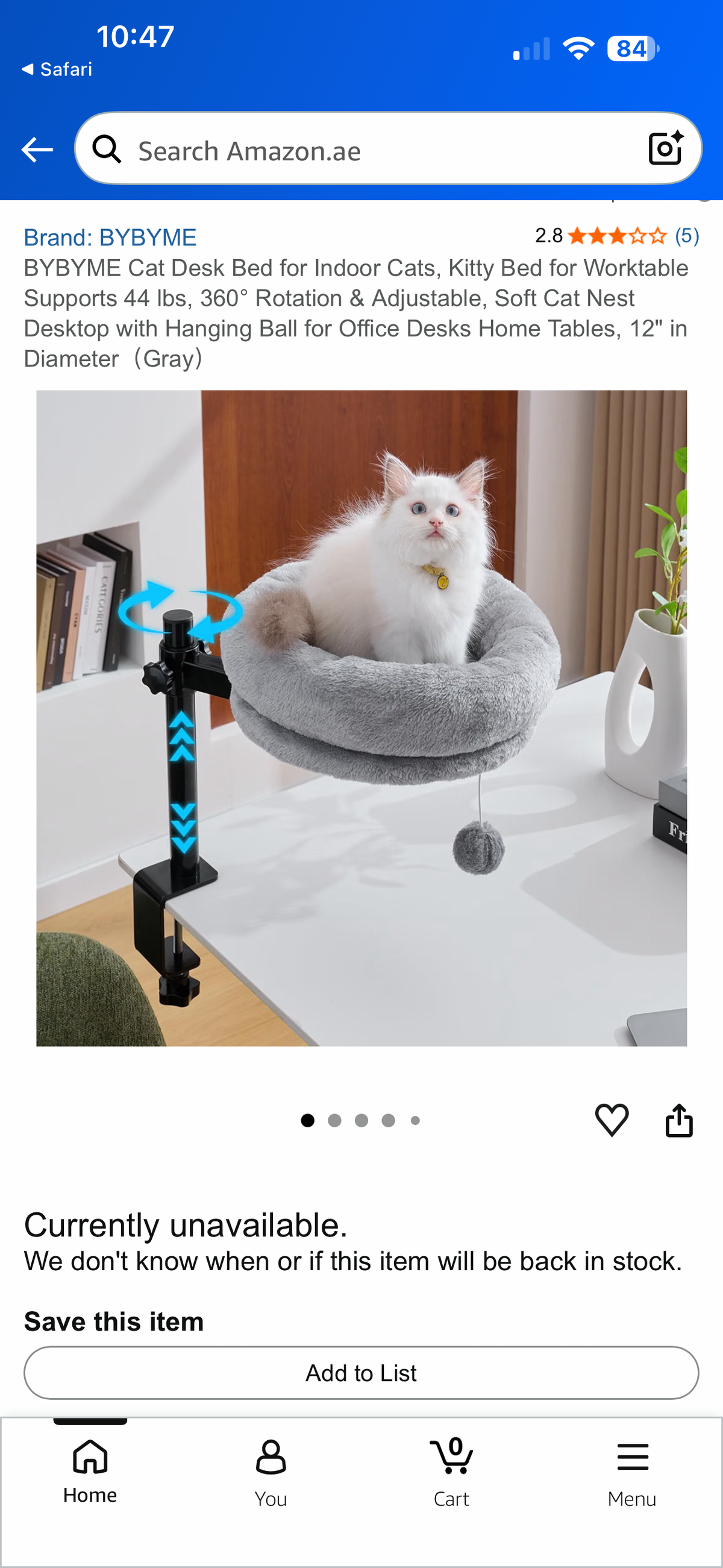 BYBYME 360 Degree Rotating Cat Desk Bed