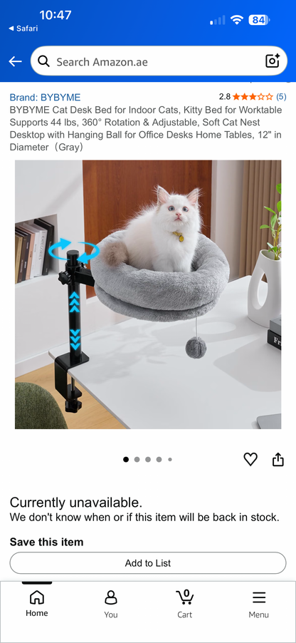BYBYME 360 Degree Rotating Cat Desk Bed