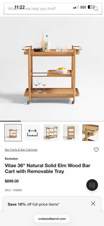 Vitae 36” Natural Solid Elm Wood Bar Cart