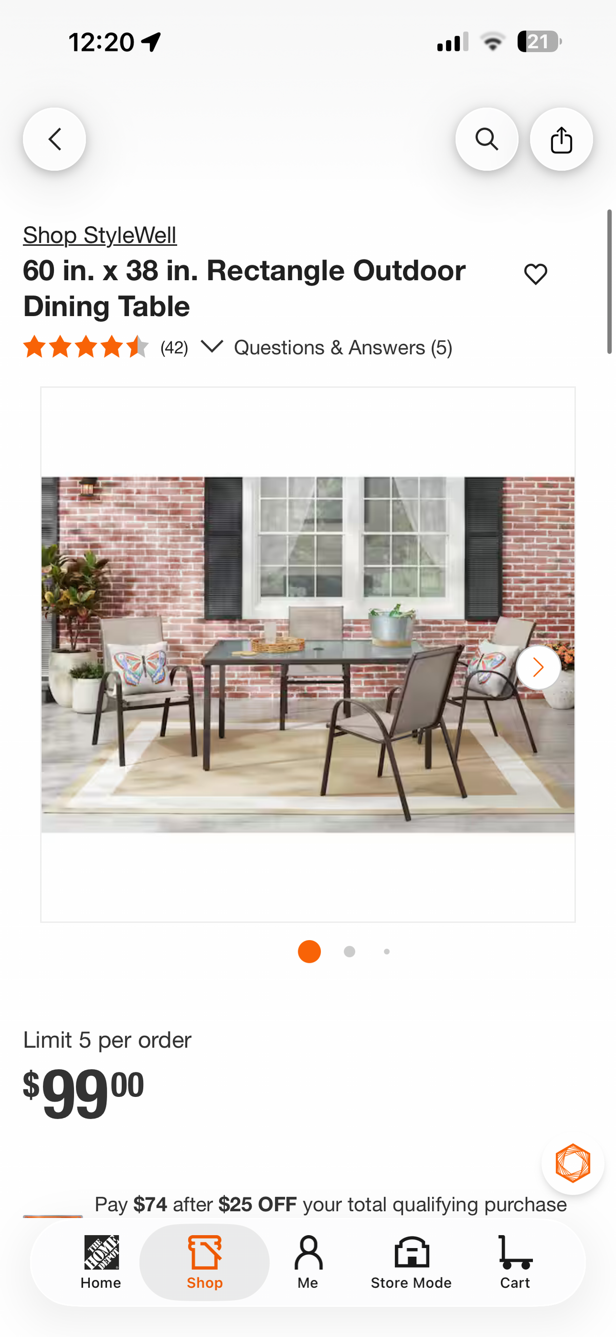 StyleWell 60x38” Outdoor Glass Top Dining Table