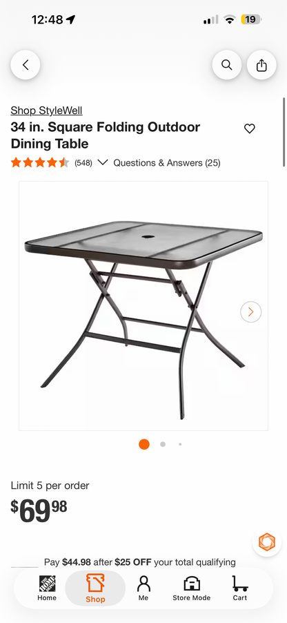 StyleWell 34” Folding Outdoor Dining Table