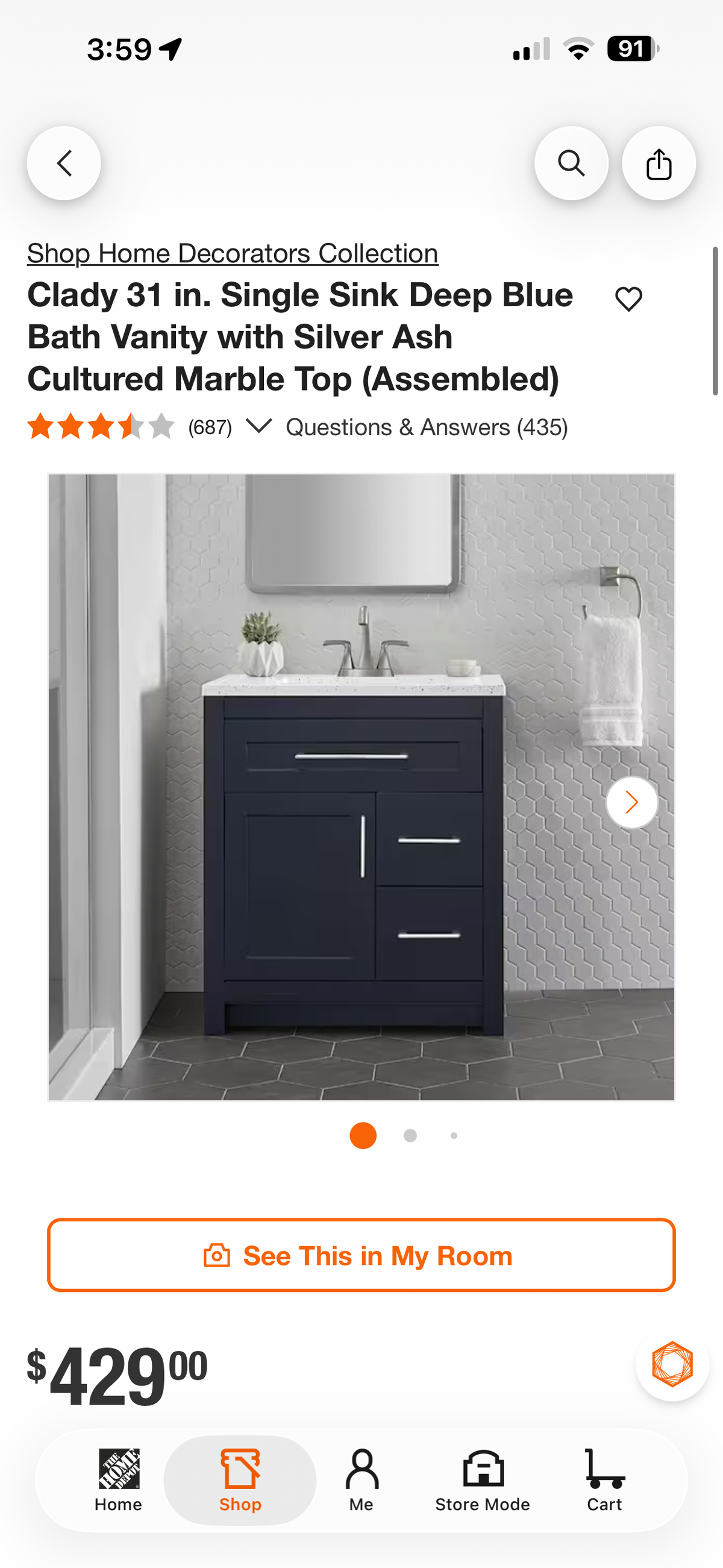 HDC Clady 31” Deep Blue Bath Vanity w/Silver Ash Marble Top