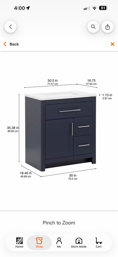 HDC Clady 31” Deep Blue Bath Vanity w/Silver Ash Marble Top