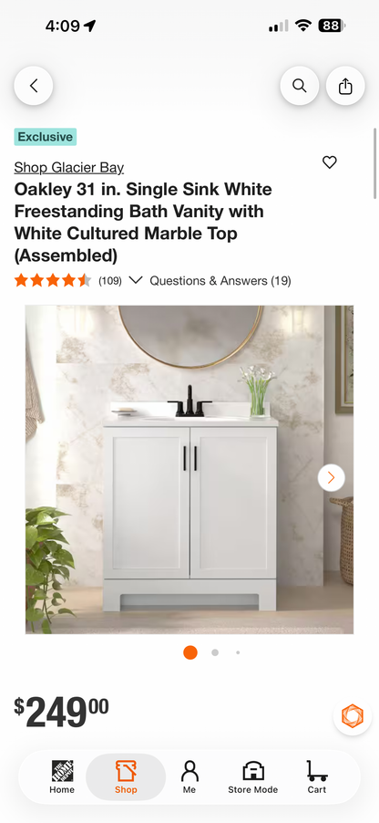 Glacier Bay Oakley 31” White Bath Vanity w/White Marble Top