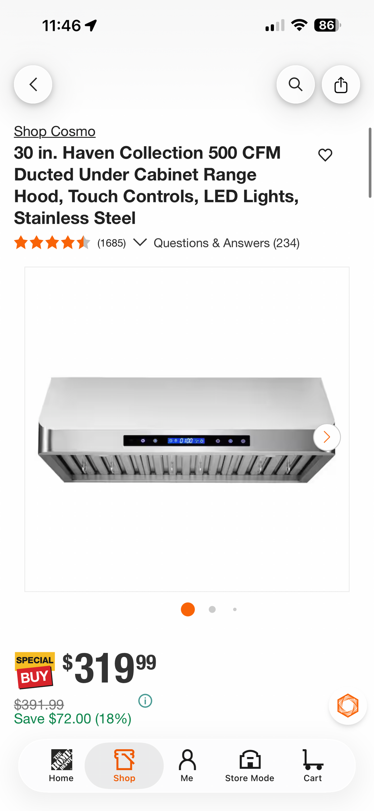 Cosmo 30” Haven Collection Under Cabinet Range Hood