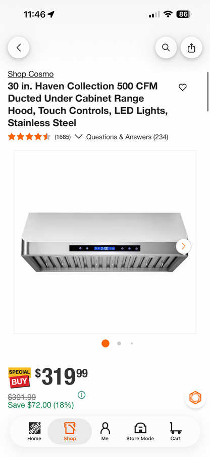 Cosmo 30” Haven Collection Under Cabinet Range Hood