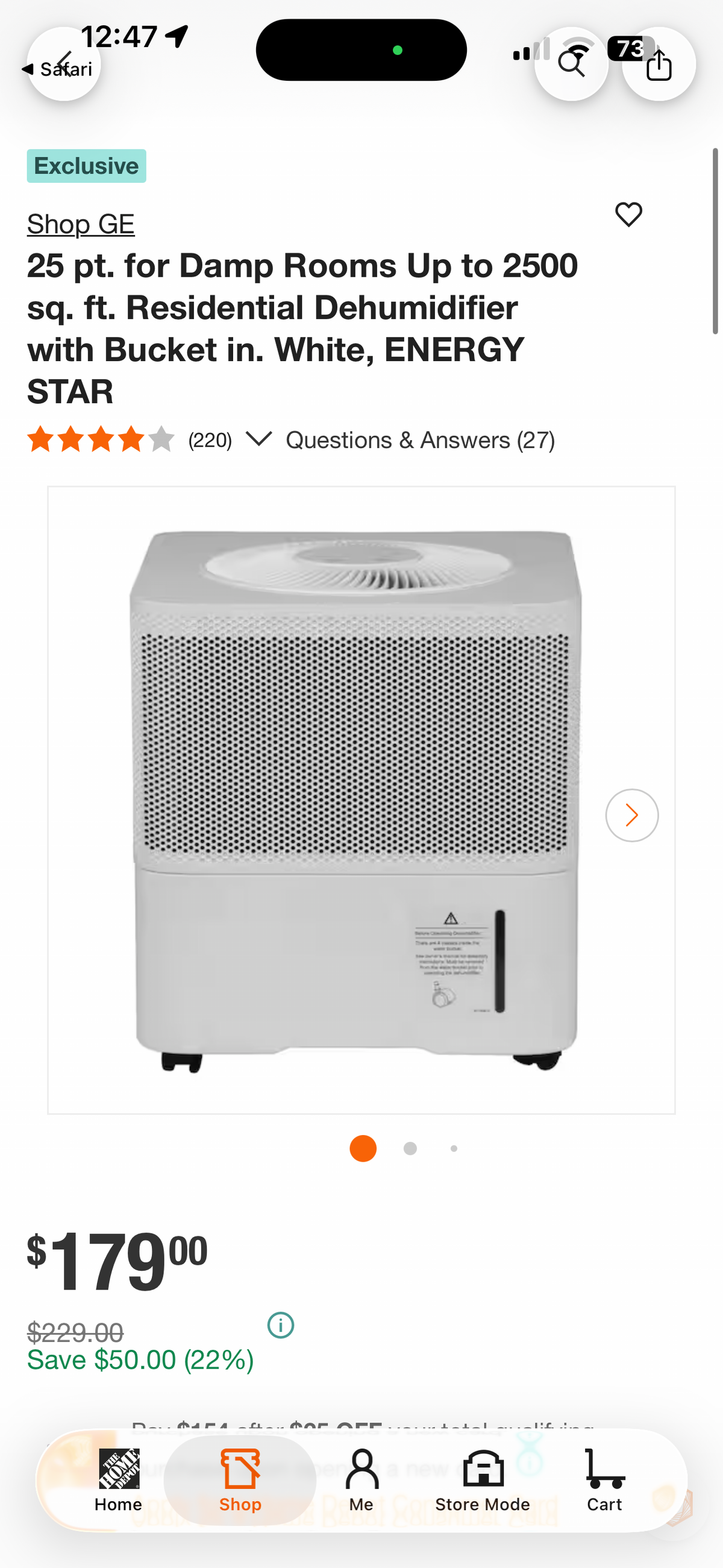GE 25 Pint Dehumidifier