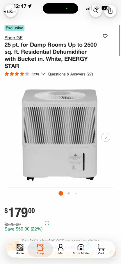 GE 25 Pint Dehumidifier