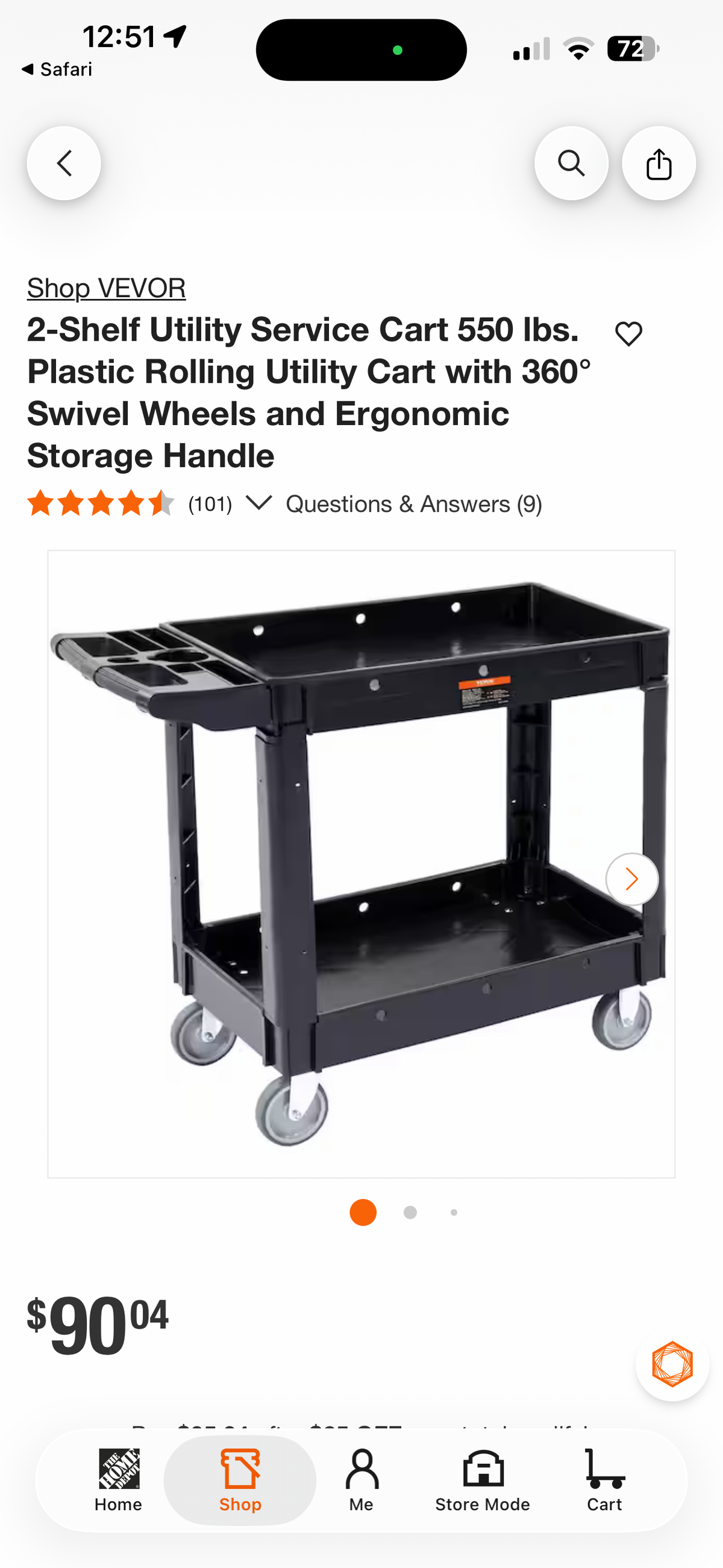 Vevor 2-Shelf 550lbs Plastic Rolling Utility Cart