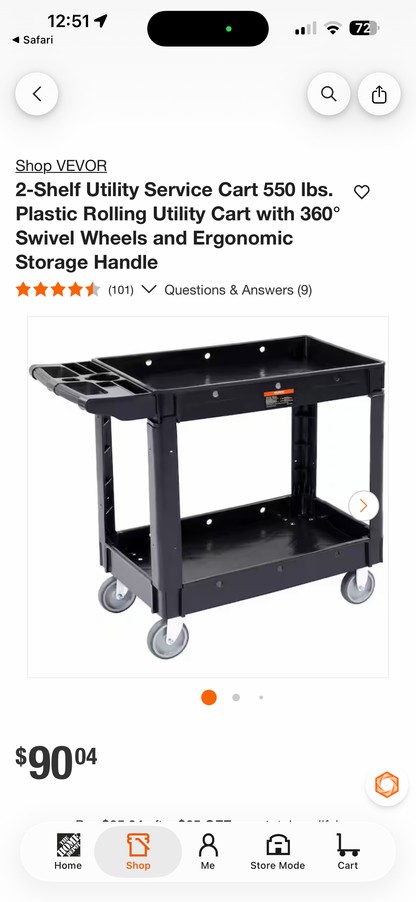 Vevor 2-Shelf 550lbs Plastic Rolling Utility Cart