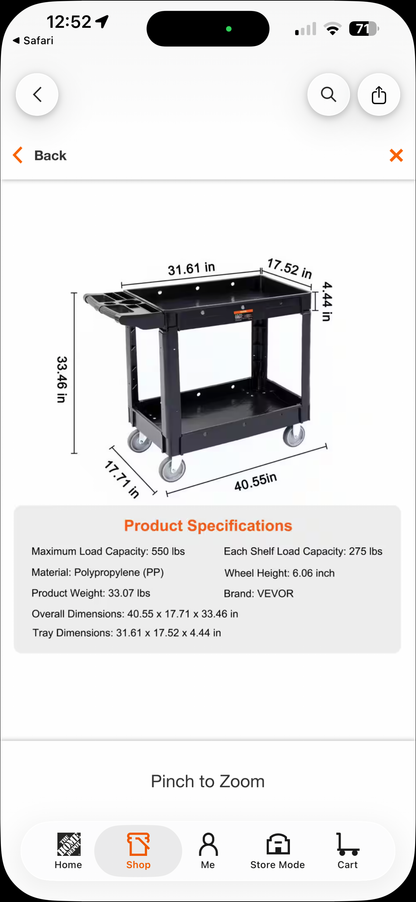 Vevor 2-Shelf 550lbs Plastic Rolling Utility Cart