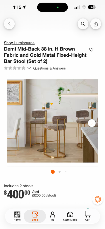 Lumisource Demi Mid-Back Brown Fabric & Gold Metal Fixed-Height Bar Stools