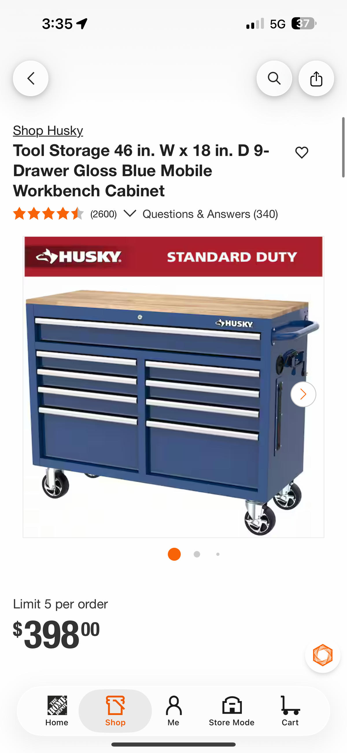 Husky 46” W x 18” D 9-Drawer Gloss Blue Mobile Workbench Cabinet
