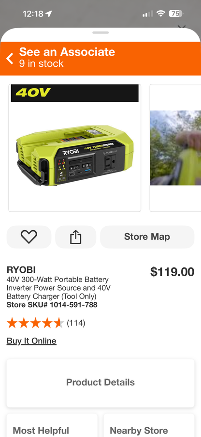 Ryobi 40v 300W Portable Battery Inverter Power Source & Charger
