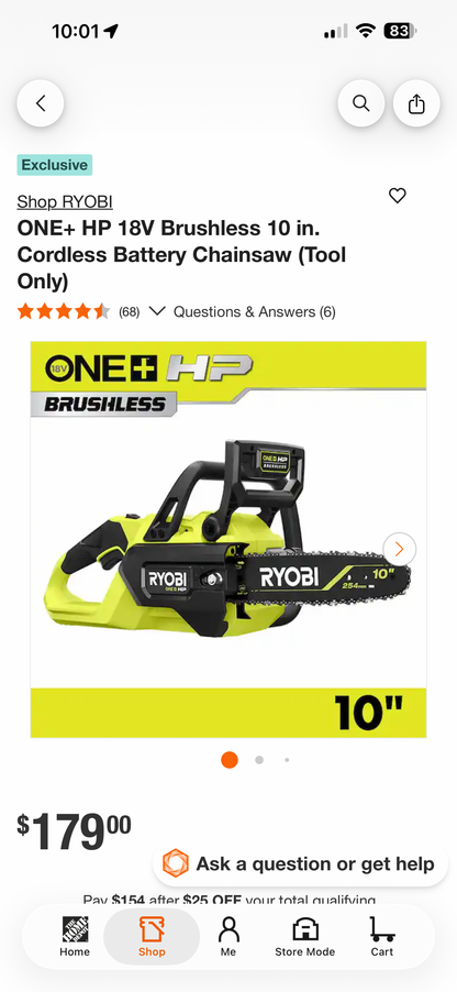 Ryobi One+ HP 18v Brushless 10” Chainsaw (Tool Only)