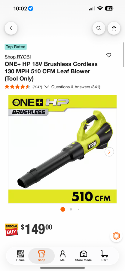 Ryobi One+ HP 18v Brushless Whisper Series Leaf Blower (Tool Only)