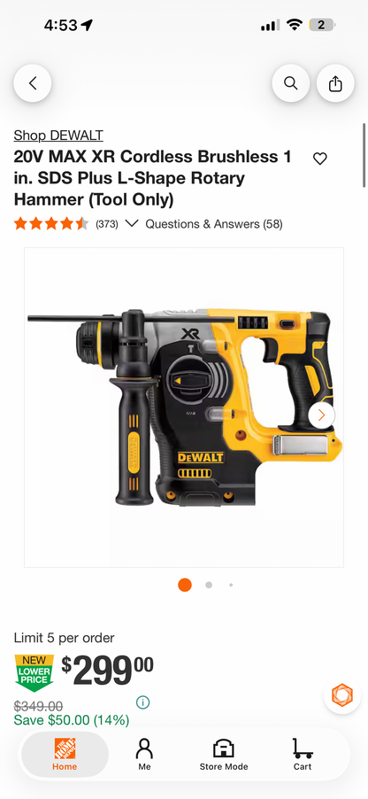 Dewalt 20v Max XR Brushless 1” SDS Plus L-Shaped Rotary Hammer (Tool Only)