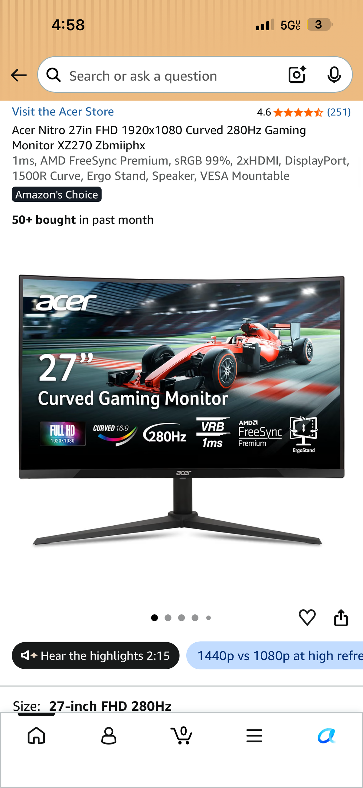 Acer Nitro XZO Series 27” Curved Gaming Monitor