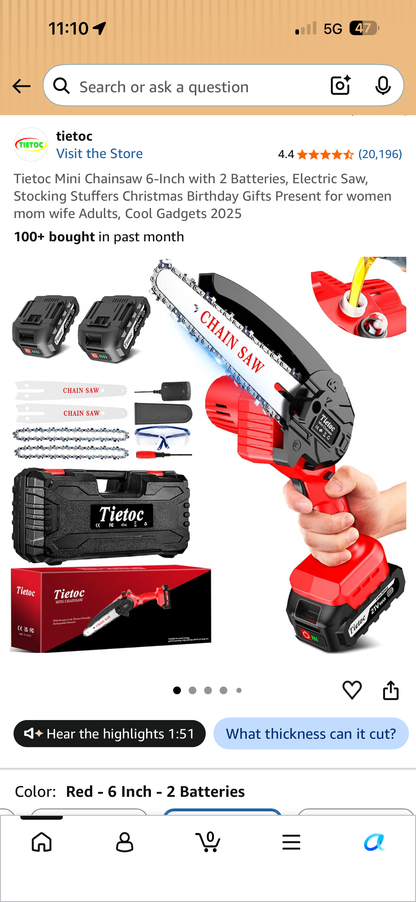 Tietoc 6” Mini Chainsaw w/2 Batteries & Accessories