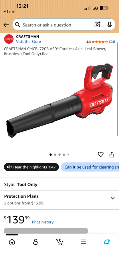 Craftsman 20v Brushless Leaf Blower (Tool Only)