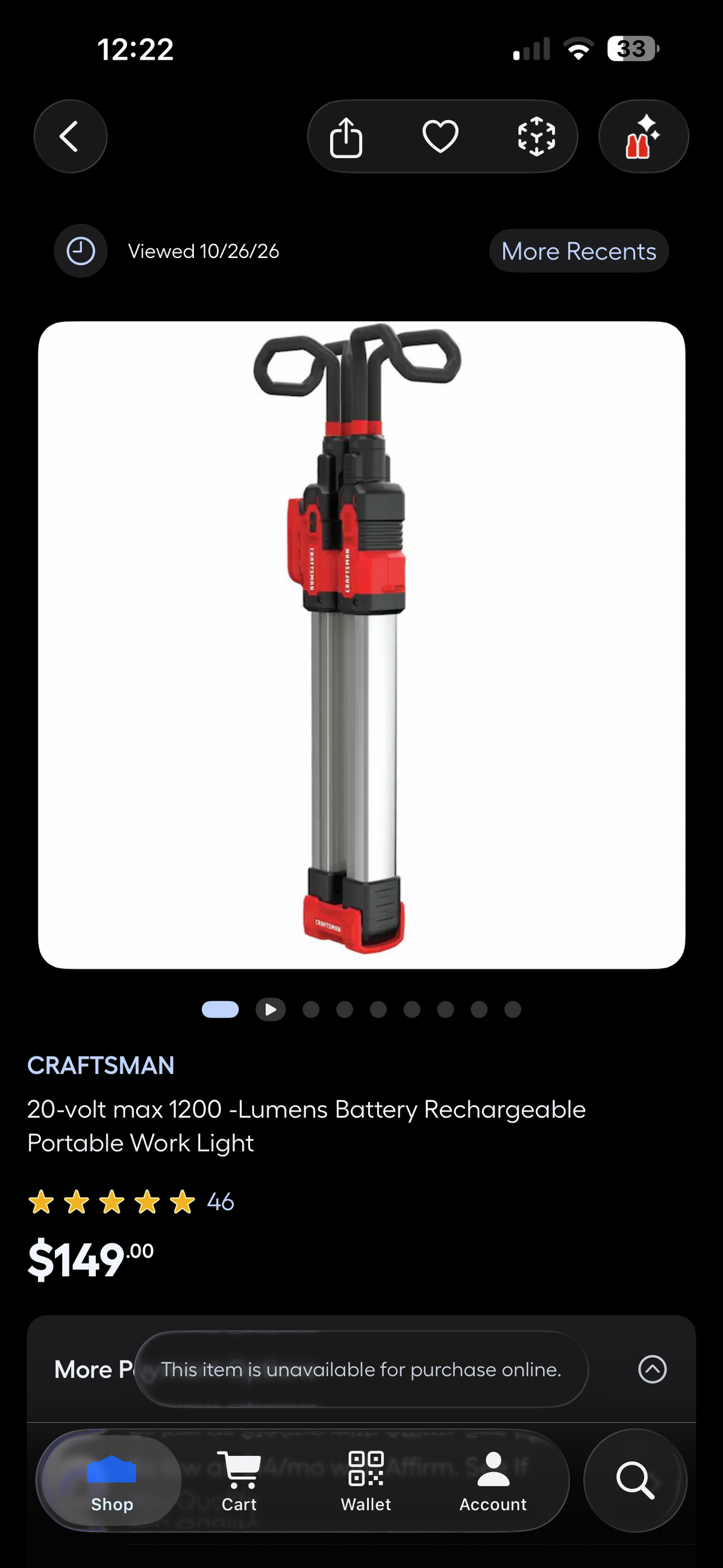 Craftsman 20v 1200 Lumens Portable Work Light (Tool Only)