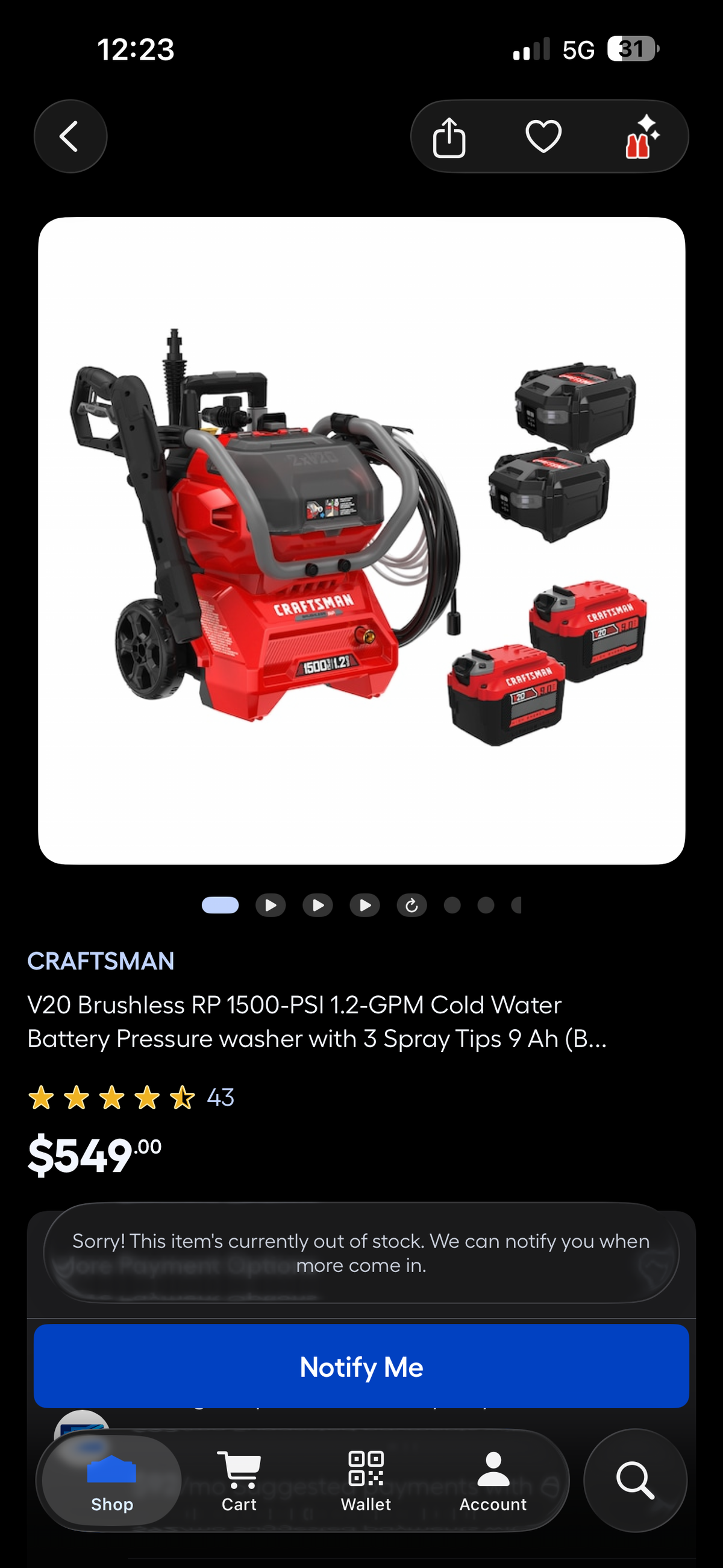 Craftsman 20v Brushless 1500 PSI 1.2 GPM Pressure Washer Kit