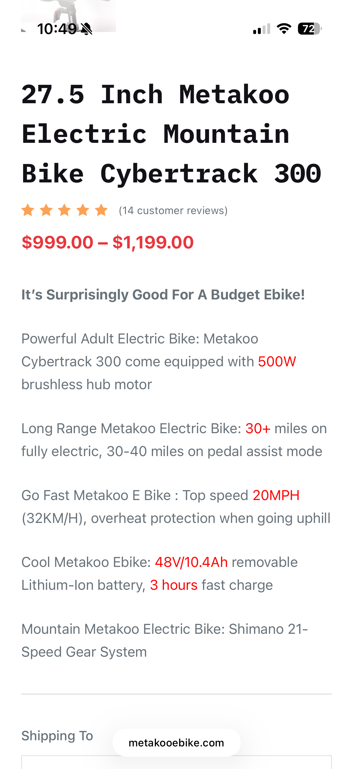 Metakoo Cybertrack 300 500W 27.5” Electric Mountain Bike