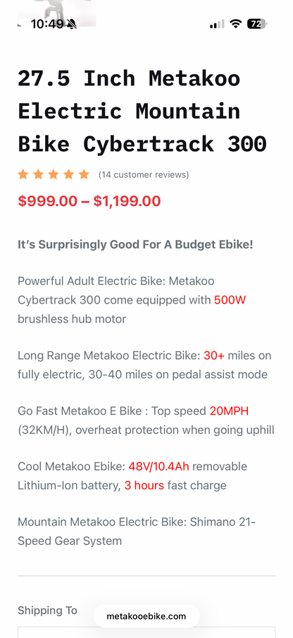 Metakoo Cybertrack 300 500W 27.5” Electric Mountain Bike
