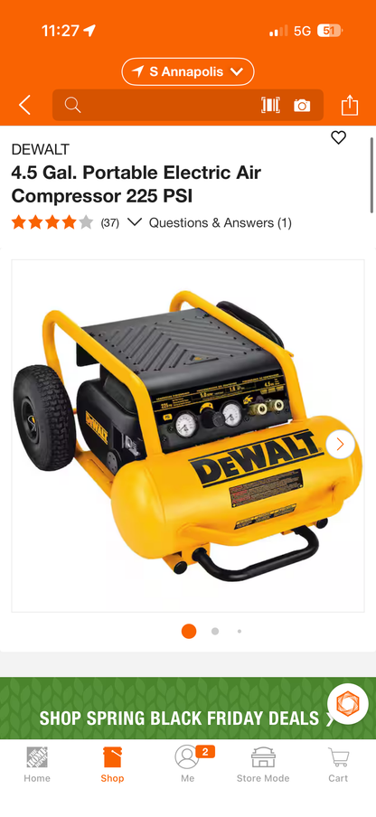Dewalt 4.5G 225 PSI Portable Air Compressor