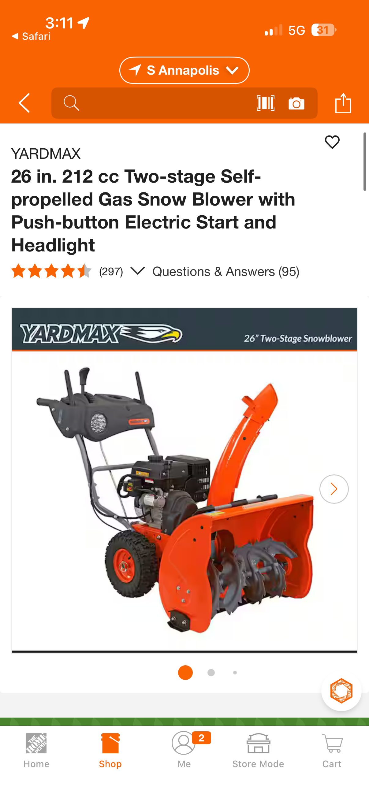 YardMax 26” 212cc 2-Stage Self-Propelled Gas Snow Blower