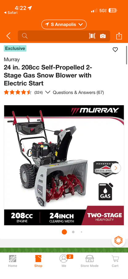Murray 24” 208cc 2-Stage Self-Propelled Gas Snow Blower