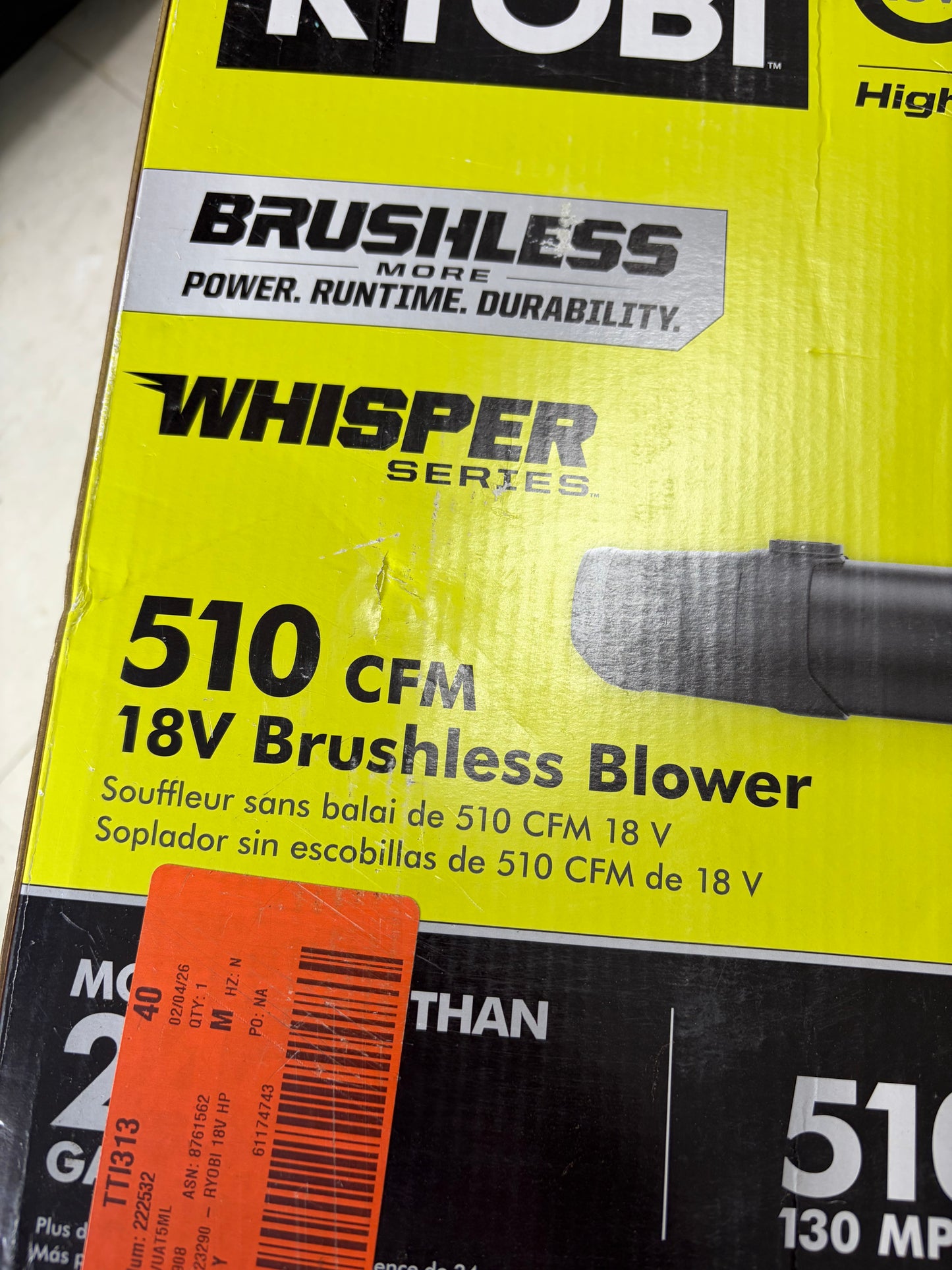Ryobi One+ 18v HP Brushless Whisper Series Leaf Blower (Tool Only)