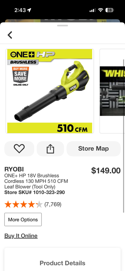 Ryobi One+ 18v HP Brushless Whisper Series Leaf Blower (Tool Only)