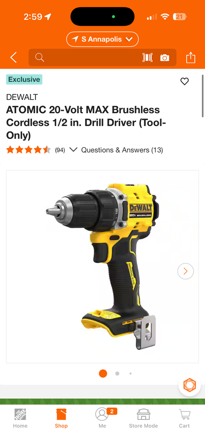Dewalt ATOMIC 20v Max Brushless 1/2” Drill Driver (Tool Only)