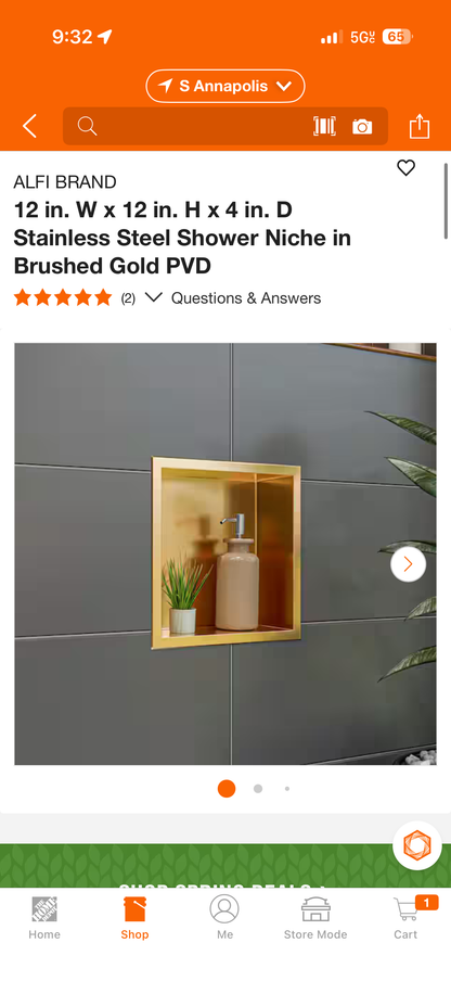 Alfi 12x12x4” Stainless Steel Brushed Gold Shower Niche