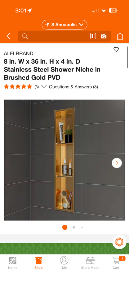 Alfi 8x36x4” Stainless Steel Brushed Gold Shower Niche