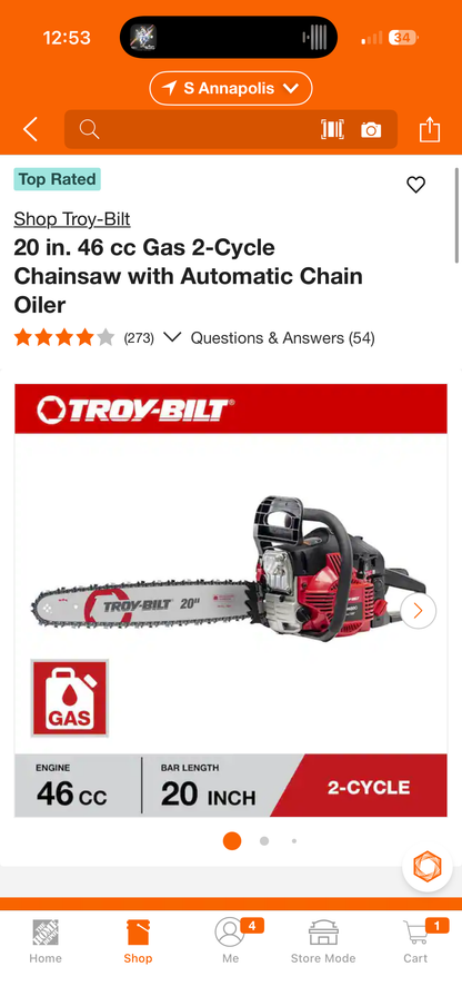 Troy-Bilt TB4620C 20” 2-Cycle Gas Chainsaw